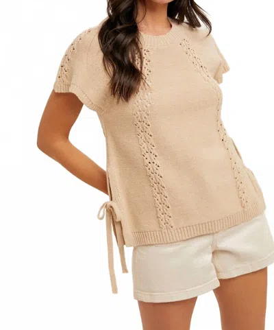 Hem & Thread Raglan Side Sleeve Tie Sweater Knit Top In Taupe