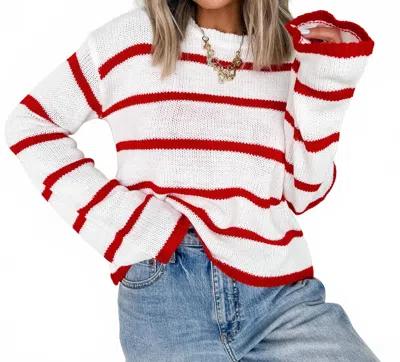 Hem & Thread Reaching Out Lace Up Back Striped Sweater In White/red