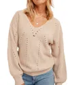 HEM & THREAD RENATA V NECK BUBBLE SLEEVE PULLOVER SWEATER IN SOFT TAUPE