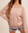 Hem & Thread Round Neck Cable Knit Detail Sweater In Mauve In Multi