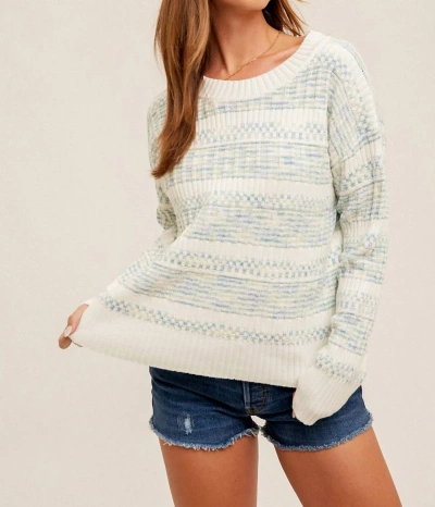 Hem & Thread Round Neck Textured Sweater Pullover In Blue/ Cream In White