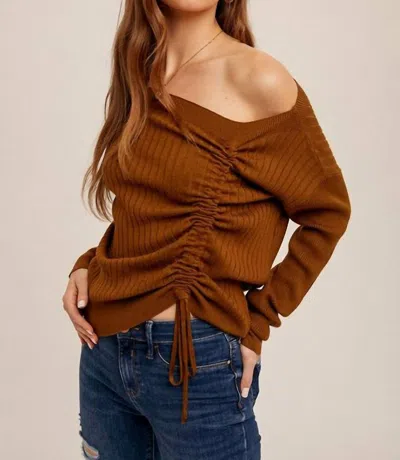Hem & Thread Ruched Drawstring Asymetrical Sweater In Chai In Brown