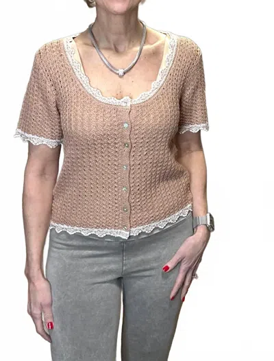 Hem & Thread Scalloped Detail Short Cardigan Top In Beige