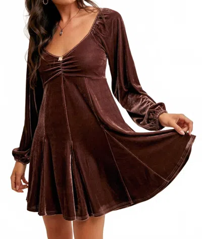 Hem & Thread Shayla Velvet Mini Dress In Mauve Brown