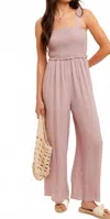 Hem & Thread Smocked Wide Leg Flowy Jumpsuit In Purple In Pink
