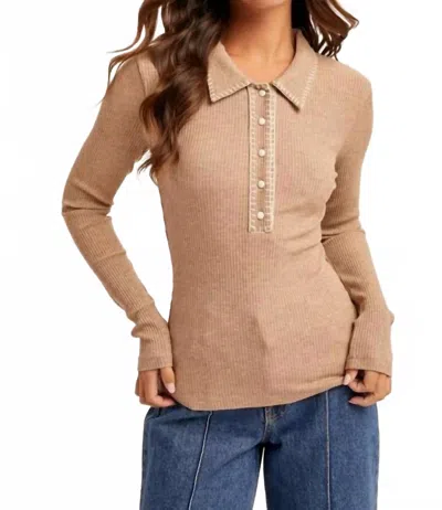 Hem & Thread Stitch Collar Button Down Rib Top In Beige In Brown