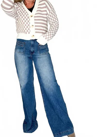 Hem & Thread Stripe And Checker Mixed Crop Sweater Cardigan In White Multi