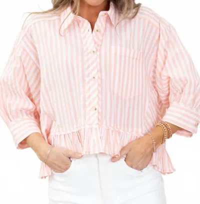 Hem & Thread Striped Ruffle Hem Top In Peach In Pink