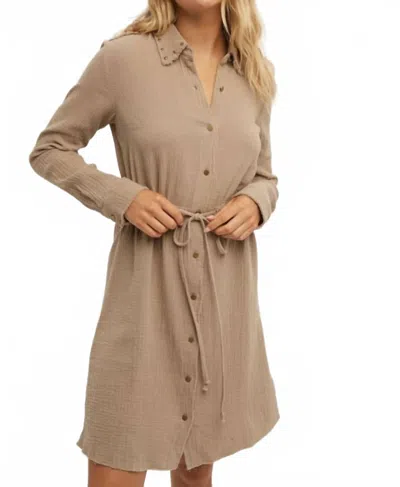 Hem & Thread Stud Effect Shirt Mini Dress In Ash Olive In Neutral