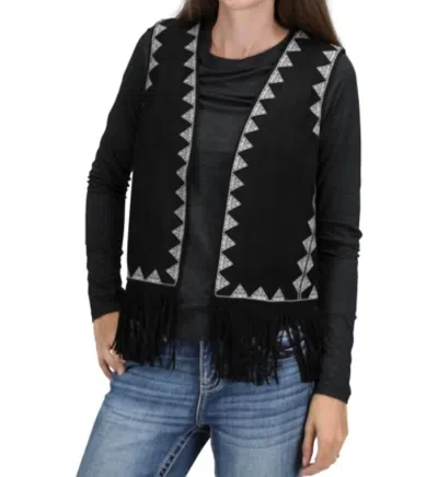 Hem & Thread Suede Embroidered Fringe Vest In Black