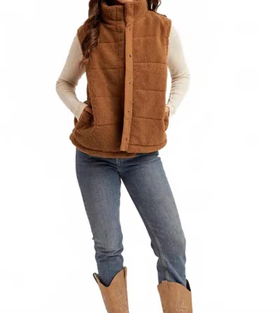Hem & Thread Teddy Fleece Snap Button Down Puff Vest In Mocha In Brown