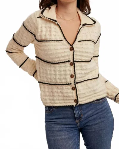 Hem & Thread Texture Knit Collared Stripe Cardigan In Beige