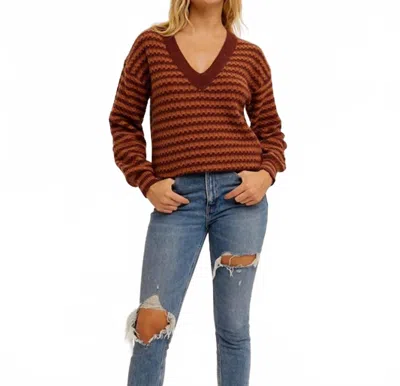 Hem & Thread V-neck Striped Bubble Sleeve Sweater In Burgundy In Blue