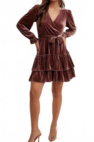 Hem & Thread Velvet Long Sleeve Ruffled Dress In Mauve