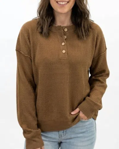 Hem & Thread Waffle Knit Henley Sweater In Brown