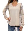 Hem & Thread Waffle Knit Long Sleeve Top In Beige In Gray