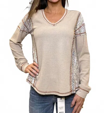 Hem & Thread Waffle Knit Long Sleeve Top In Beige In Gray