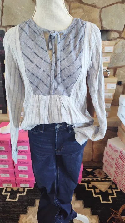 Hem & Thread Women's Tie Front Striped Blouse In Blue In White