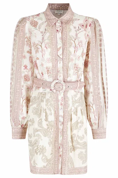 Hemant & Nandita Cream Dani Mini Belted Floral Linen-blend Dress In Multi