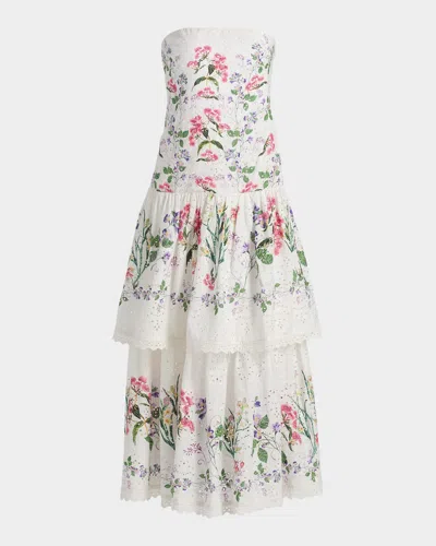 Hemant & Nandita Floral Cotton Tiered Strapless Maxi Dress In Multi