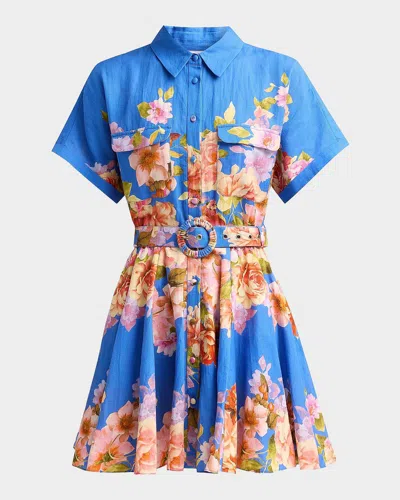 Hemant & Nandita Floral Linen-cotton Belted Mini Shirtdress In Blue