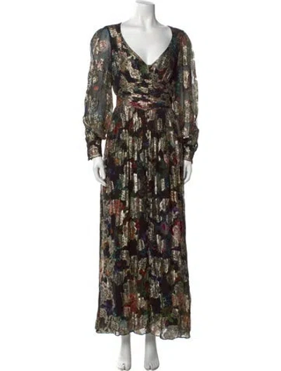 Pre-owned Hemant & Nandita Floral Print Long Dress In Gold