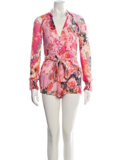 Pre-owned Hemant & Nandita Floral Print Plunge Neckline Romper In Pink