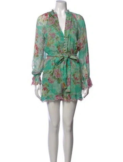 Pre-owned Hemant & Nandita Floral Print V-neck Romper In Green