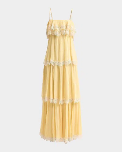 Hemant & Nandita Lace-trim Tiered A-line Maxi Dress In Yellow