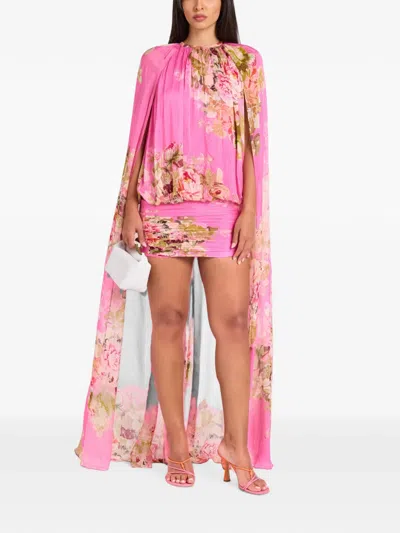 Hemant & Nandita Lena Floral-print Cape-sleeve Mini Dress In Pink