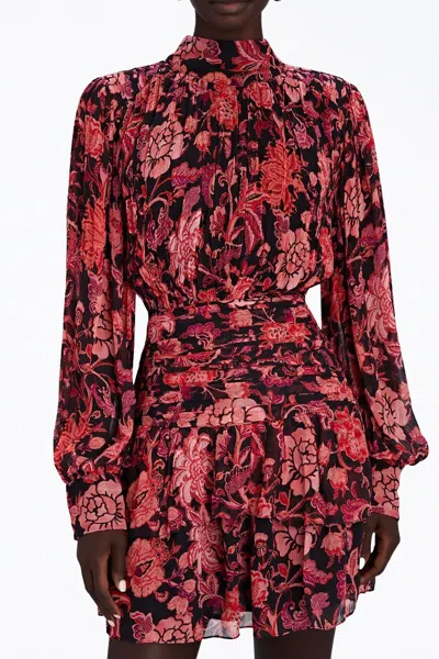 Hemant & Nandita Ruched Floral-print Georgette Mini Dress In Crimson Red