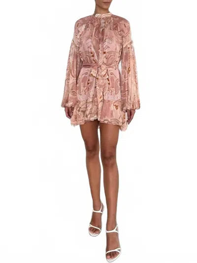 Hemant & Nandita Ruffle Mini Dress With Tie Belt In Pink/white In Brown