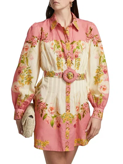 Hemant & Nandita Short Dress With Buckle Belt In Pink Floral In Multi