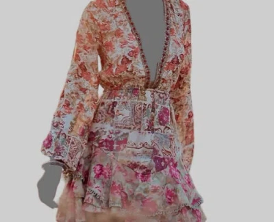 Pre-owned Hemant & Nandita $295  Women's Pink White Floral V-neck Nova Mini Dress Size S