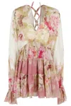 Hemant & Nandita Floral-print Mini Dress In Neutrals