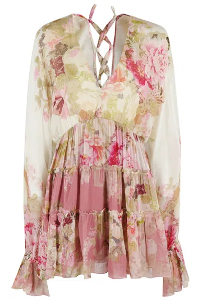 Hemant & Nandita Floral-print Mini Dress In Neutrals