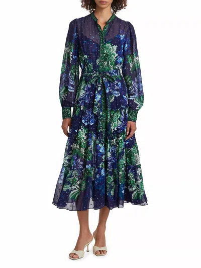 Hemant & Nandita Keva Floral Tie-waist Midi-dress In Green Blue
