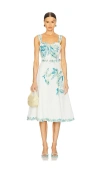 Hemant & Nandita Midi Dress With Bucket Belt In White Floral In White,blue
