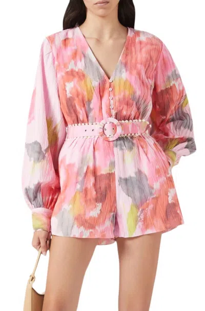 Hemant & Nandita Rosa Romper With Belt In Pink Floral In Multi