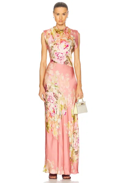 Hemant & Nandita Sama Cowl Neck Long Dress In Peach Floral