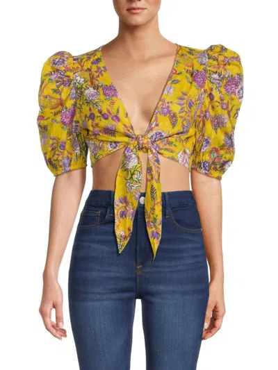 Hemant & Nandita Women's Floral Tie Front Crop Top In Canary Yellow