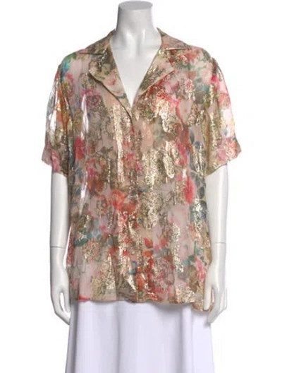 Pre-owned Hemanta & Nandita Floral Print Short Sleeve Blouse In Pink