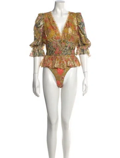 Pre-owned Hemanta & Nandita Floral Print V-neck Bodysuit In Gold