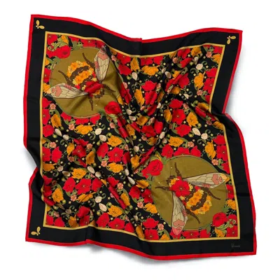 HENELLE WOMEN'S BLACK / GOLD / RED NIGHT BLOOM QUEEN BEE SILK SCARF