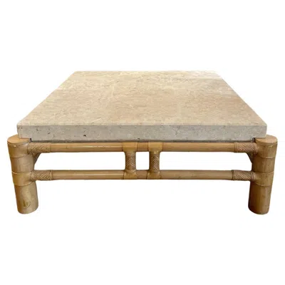 Pre-owned Henredon 1980s Vintage In The Manner Of  Travertine And Bamboo Coffee Table In Sand