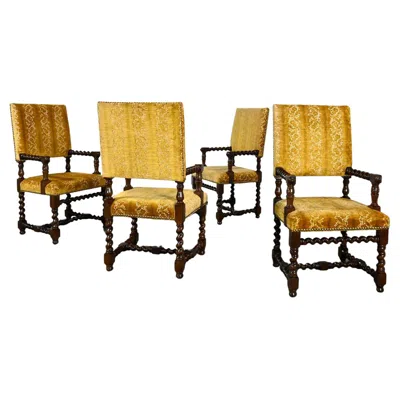 Pre-owned Henredon 4 Large  Jacobean Style Armed Dining Chairs Barley Twist Gold Chenille In Brown