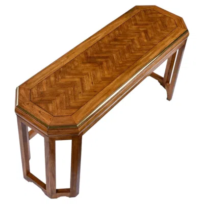 Pre-owned Henredon Art Deco Inspired Herringbone Parquet Top Gold Trim Oak Console Table In Brown
