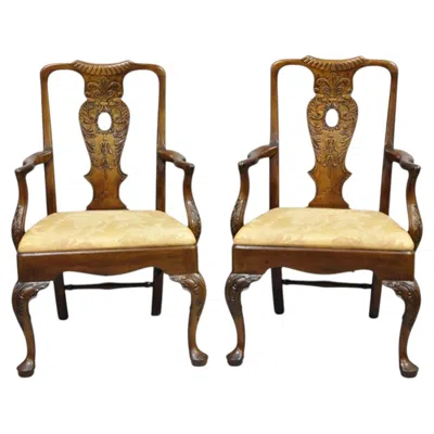 Pre-owned Henredon Aston Court Chinoiserie Georgian Mahogany Dining Arm Chairs - A Pair In Brown