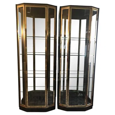 Pre-owned Henredon Black Lacquer And Brass Display Cabinets/vitrines