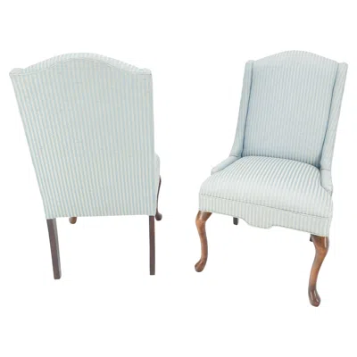 Pre-owned Henredon Blue & White Stripe Queen Ann Style Slipper Fire Side Chairs Low Profile Mint!